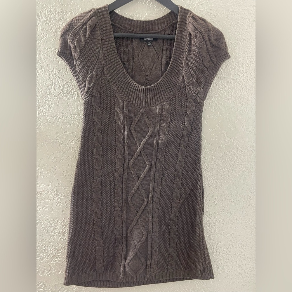 Express Y2K Brown V-Neck Cable Knit‎ Sweater Mini Dress Small
